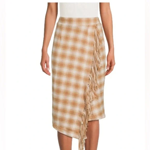 NWT Women's Fringed Faux Elastic Waist Plaid Blanket Wrap Midi Skirt (L) - Picture 2 of 13
